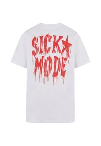 White cotton t-shirt featuring a large red graphic text reading "SICK MODE" with drip effects and a star accent. Short sleeves, crew neck.