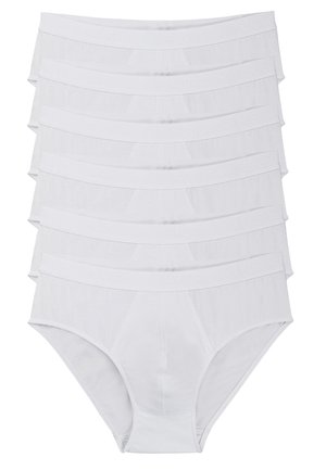 Weiße Baumwollunterwäsche mit einem elastischen Bund, die eine glatte Textur und ein klassisches Slip-Design aufweist, in einer Reihe gestapelt.