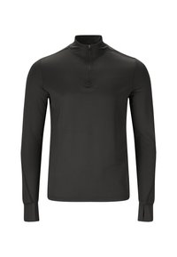 Schwarzes Langarm-Top mit Viertelreißverschluss, das über einen hohen Kragen und eine glatte, elastische Stofftextur verfügt, sowie minimalistische Designdetails aufweist.