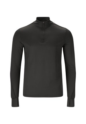 Svart långärmad tröja med kvartslång dragkedja som har hög krage och en mjuk, stretchig tygtextur med minimalistiska designdetaljer.