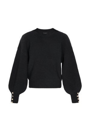 Pull en maille côtelée noir avec des manches ballon et quatre boutons dorés sur chaque poignet, doté d'un col rond et d'une taille courte.