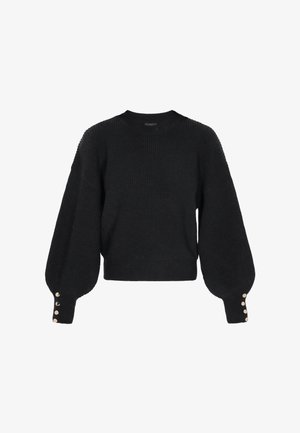 Schwarzer gerippter Stricksweater mit Ballonärmeln und je vier goldenen Knöpfen an den Manschetten, mit Rundhalsausschnitt und verkürztem Saum.