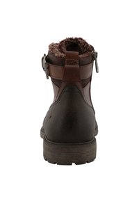 Stivale alla caviglia marrone con tomaia in pelle texturizzata, colletto in pelliccia e zip laterale per un facile accesso. Suola in gomma per una migliore trazione.