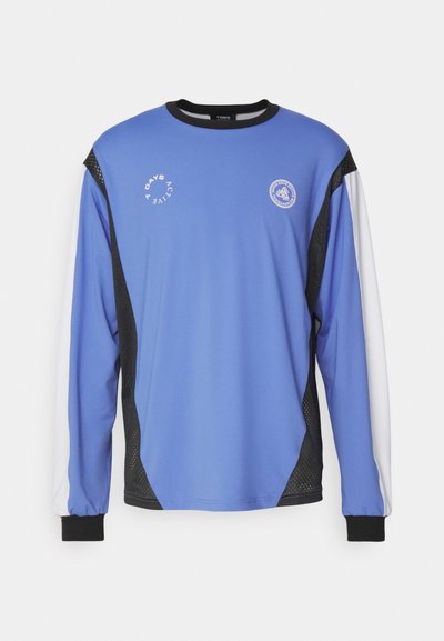 Blue long-sleeve shirt with black and white accents. Features mesh details on the sides and a round neckline. Includes printed logos.