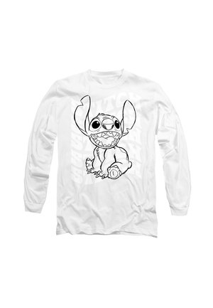Langärmliges weißes T-Shirt mit einem schwarzen Linienzdrawing eines Cartoon-Charakters mit großen Ohren und ausdrucksstarken Gesichtszügen.