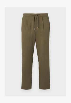 Õlivihmased sirge lõikega püksid, millel on nööriga vöökoht, küljetaskud ja esiplaadid, valgel taustal.