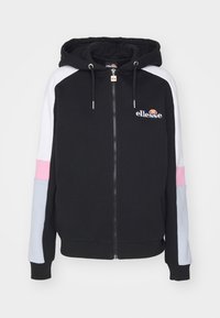 Sweat à capuche noir avec fermeture éclair, ornée de blocs de couleur blanc, rose et bleu clair sur les manches, avec le logo "ellesse" sur la poitrine et le curseur de la fermeture éclair.