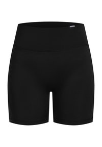 Pantaloni sportivi neri con un tessuto liscio ed elastico; vita alta; nessun motivo visibile o accessori metallici; taglio fino al ginocchio.