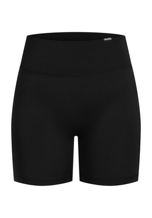 Black athletic shorts with a smooth, stretchy fabric; high waistband; no visible patterns or hardware; knee-length cut.