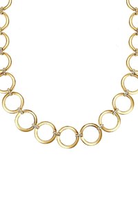 Guld halskæde med skiftende runde led og diamantdetaljer. Leddene er glatte med en blank finish, arrangeret i et ensartet mønster.