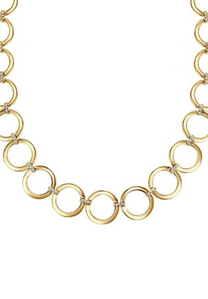 Collar de oro con eslabones redondos alternos y acentos de diamantes. Los eslabones son suaves con un acabado brillante, dispuestos en un patrón consistente.