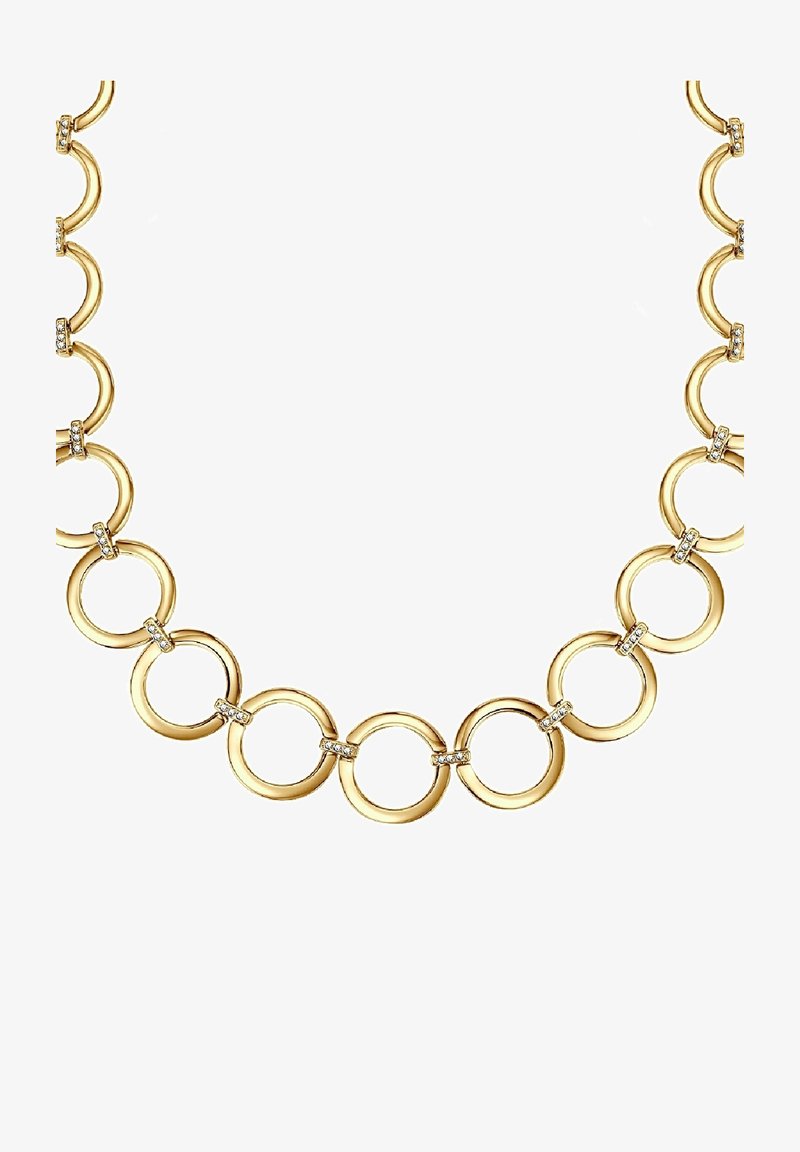 Guld halskæde med skiftende runde led og diamantdetaljer. Leddene er glatte med en blank finish, arrangeret i et ensartet mønster.