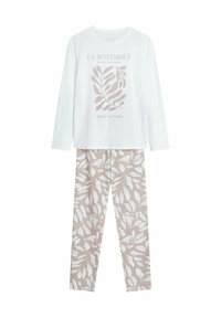 Biała bluzka z długim rękawem z nadrukiem "LA BOTANIQUE", w połączeniu z jasnobrązowymi spodniami z białymi wzorami liści. Miękki materiał bawełniany.