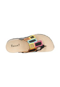Black slide sandal with colorful rectangular accents in yellow, pink, and blue. Natural footbed and textured sole with branding "Think!"