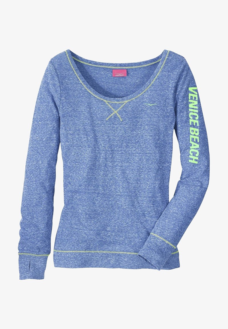 Long-sleeve blue shirt with a slightly scooped neckline, green stitching, and "VENICE BEACH" printed in bold on the right sleeve.