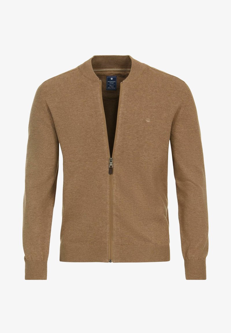 Brun lynlås cardigan lavet af blødt strikstof, med ribkantede krave og manchetter, samt et lille logo på venstre bryst.