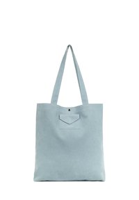Borsa tote azzurro chiaro realizzata in materiale morbido, con due lunghe cinghie, una tasca frontale con patta e sottili dettagli dorati.
