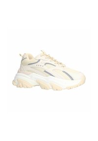 Lichtbeige sport schoenen van mesh en synthetische materialen, een gebogen zool, grijze accenten, en een Textuur bovenwerk voor ademend vermogen.
