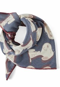 Sciarpa a strisce blu e beige con un motivo di pecore dei cartoni animati, rifinita con un bordo rosso cucito. Tessuto morbido, forma triangolare e design giocoso.