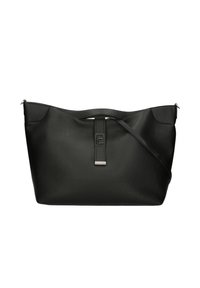 Schwarze Lederhandtasche mit strukturiertem Finish, weitem Öffnungsbereich, kurzem Griff und abnehmbarem Schulterriemen; verfügt über einen dezenten Metallelement.