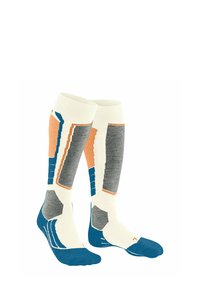 Stulpenstrümpfe in Creme, Grau und Blau mit orangefarbenen Akzenten; enthalten geometrische Muster und strukturierte Bereiche für zusätzlichen Halt.