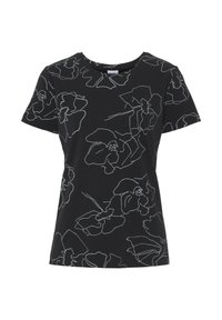 Camiseta negra con un patrón floral en contorno blanco, de mangas cortas, cuello redondo y fabricada en un tejido suave y ligero.