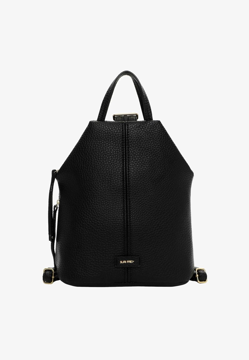 Black textured leather backpack with top handle, gold-tone hardware, and front label reading "Suri Frey," shown against white background.