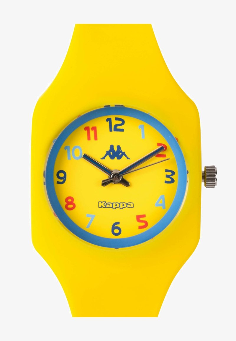 Gul silikonarmband med rund urtavla, blå kant och färgglada timmarkörer. Har svarta visare och Kappa-logotypen i centrum.