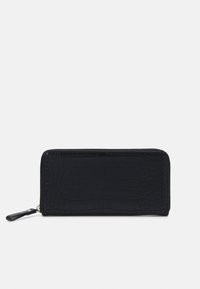 Black, textured wallet with a crocodile skin pattern. Rectangular shape and zip closure; features a smooth, glossy hardware accent.