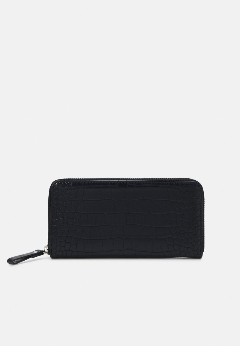 Black, textured wallet with a crocodile skin pattern. Rectangular shape and zip closure; features a smooth, glossy hardware accent.