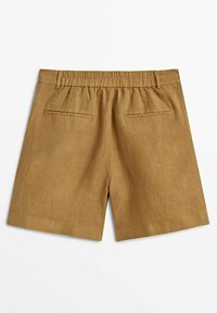 Braune Leinen-Shorts mit einem elastischen Bund, flachem Frontdesign und zwei Gesäßtaschen. Gerader Schnitt mit einem gesäumten Saum.