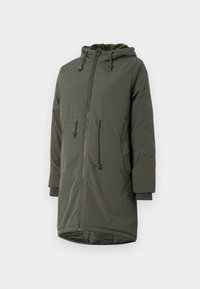 Olivengrøn hætteparka jakke med lynlås, der har snoretræk i hætten og to frontlommer, lavet af tekstureret stof.