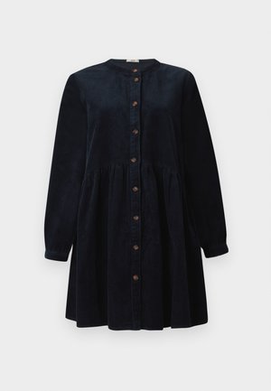 Marineblauw corduroy jurk met lange mouwen, ronde kraag en knoopsluiting aan de voorkant. Kenmerkt zich door een verzamelde taille en textured stof.