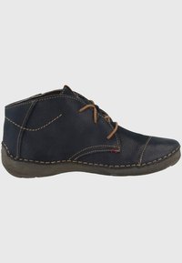 Stivaletti in pelle blu navy con cuciture e lacci beige, dotati di punta tonda e superficie texturizzata, progettati per il comfort.