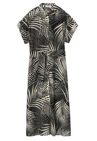Zwart- en crèmekleurige jurk met korte mouwen, palmbladprint, knoopsluiting aan de voorkant, kraag, ceintuur in de taille en zoom tot aan de knie.