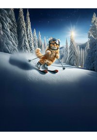 Un chat orange duveteux portant des lunettes de protection et une combinaison de ski bleue descend une pente enneigée en ski, créant un jet de neige, avec des arbres à feuilles persistantes en arrière-plan.