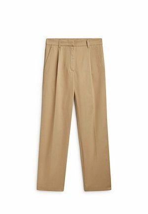 Pantalon beige à jambes droites avec poches avant, passants de ceinture et fermeture avant dissimulée.