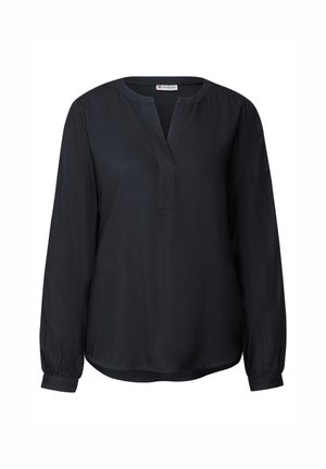 Schwarze Bluse mit langen Ärmeln und V-Ausschnitt, aus glattem Stoff gefertigt. Verfügt über geraffte Bündchen und einen lockeren Schnitt, geeignet für lässige Anlässe.