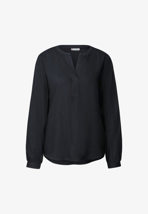 Blusa nera a maniche lunghe con scollatura a V, realizzata in tessuto morbido. Presenta polsini arr gathered e una vestibilità rilassata, adatta per un abbigliamento casual.