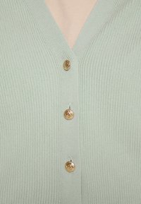 Cardigan verde chiaro con una trama a coste, dotato di tre bottoni dorati texturizzati lungo la parte frontale e una scollatura a V.