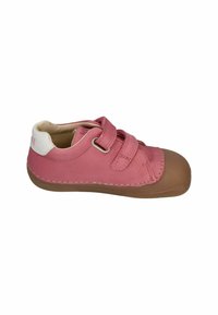 Pink fabric shoe with two velcro straps and a brown rubber toe cap. Features a white heel accent and contrasting stitching.