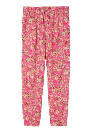 Pantalon rose taille élastique avec motif floral jaune et rouge, petites feuilles vertes et cordon à l'avant.