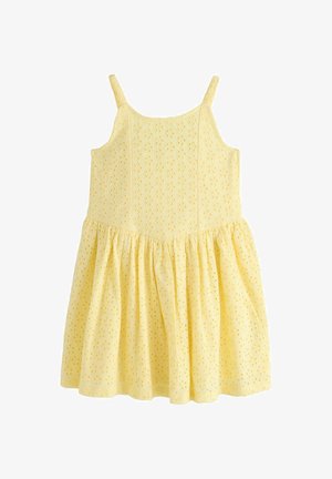 Rochie galbenă fără mâneci, cu bretele subțiri și material de dantelă cu găurele, având bodice mulat și fustă adunată.