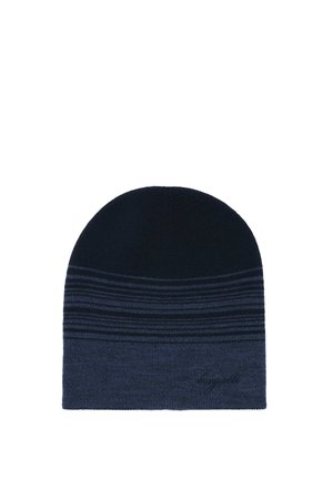 Dark blue knit beanie with lighter blue horizontal stripes near the middle and a small embroidered logo on the lower edge.