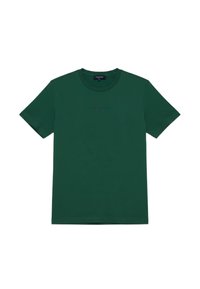 T-shirt in cotone verde con maniche corte, colletto a giro e un logo stampato discreto sulla parte anteriore. Tessuto liscio e vestibilità standard.