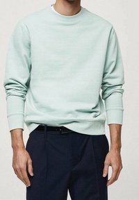 Helles mintgrünes Sweatshirt aus weichem Material mit Rundhalsausschnitt und gerippten Bündchen, kombiniert mit dunklen Hosen und einem sichtbaren schwarzen Gürtel.