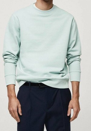 Licht mintgroen sweatshirt van zachte stof met een ronde halslijn en ribgebreide manchetten, gecombineerd met donkere broek en een zichtbare zwarte riem.