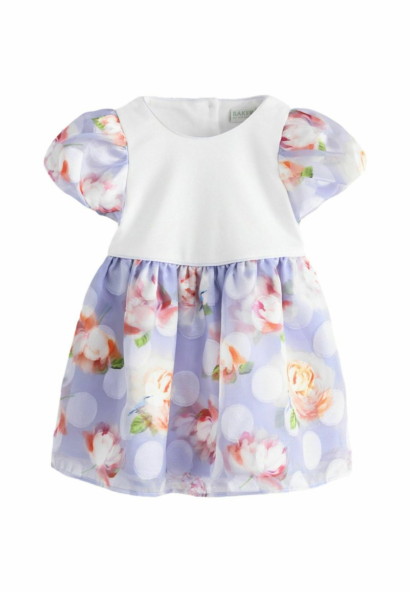 Abito bianco con corpino e maniche a sbuffo, gonna floreale lilla con pois, design stile tunica, tessuto morbido e vita arricciata.
