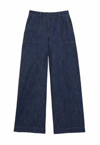 Spodnie z szerokimi nogawkami wykonane z ciemnoniebieskiego denimu, z zapięciem na guziki, dwoma przednimi kieszeniami oraz kontrastowym stębnowaniem wzdłuż szwów.