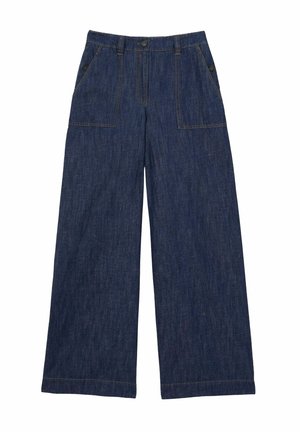 Pantaloni a gamba larga in denim blu scuro, con chiusura a pulsante, due tasche anteriori e cuciture a contrasto lungo le cuciture.